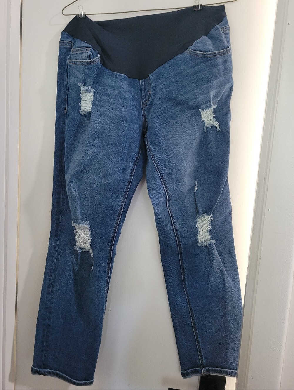 Maternity Distressed Blue Denim Jeans with Stretch Waistband